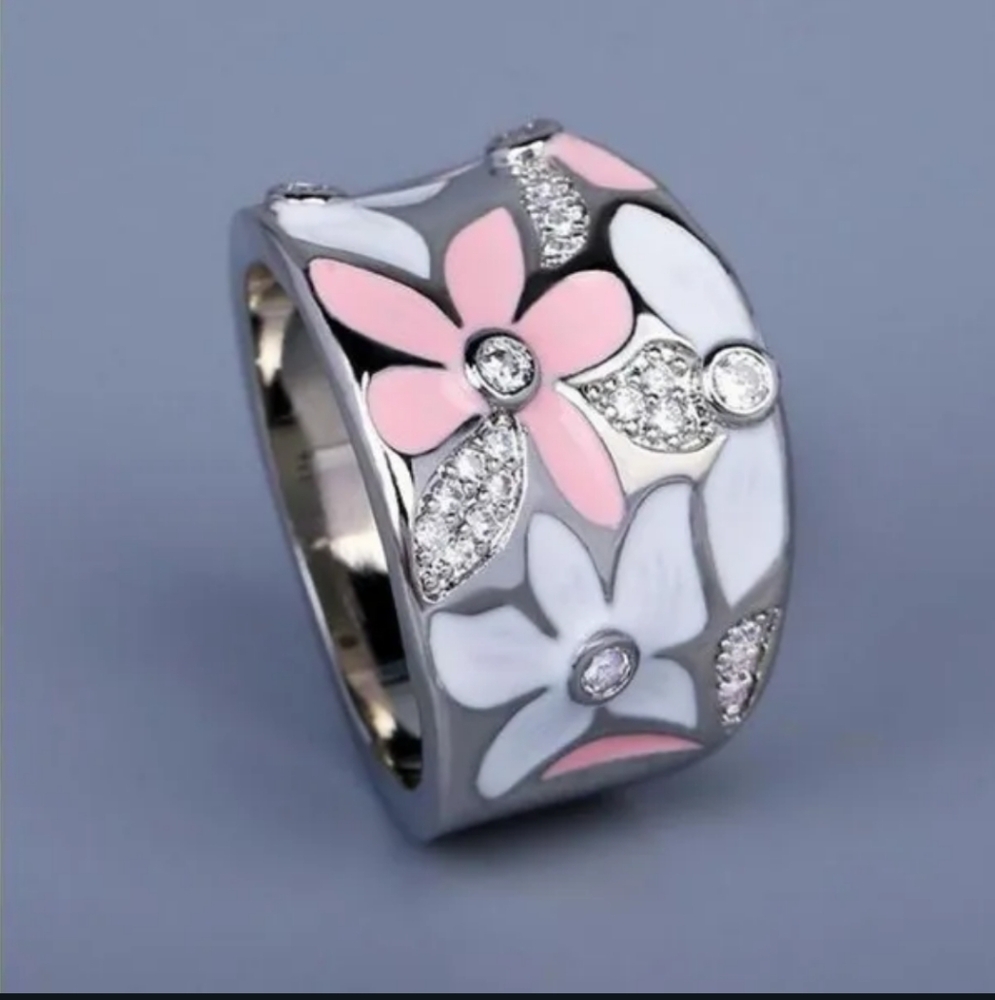 NWT Floral Silver and Pink Enamel Ring - Picture 2 of 3
